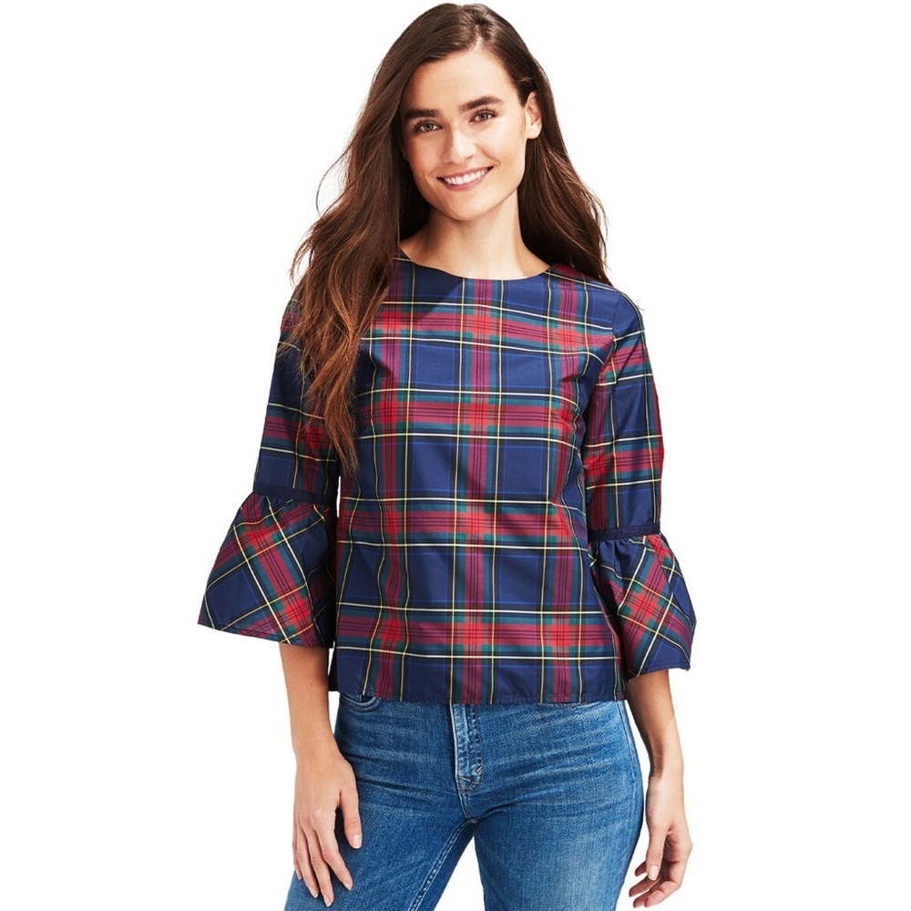 NWT Vineyard Vibes Jolly Plaid Bell Sleeve Blue Red Green Top Sz 2